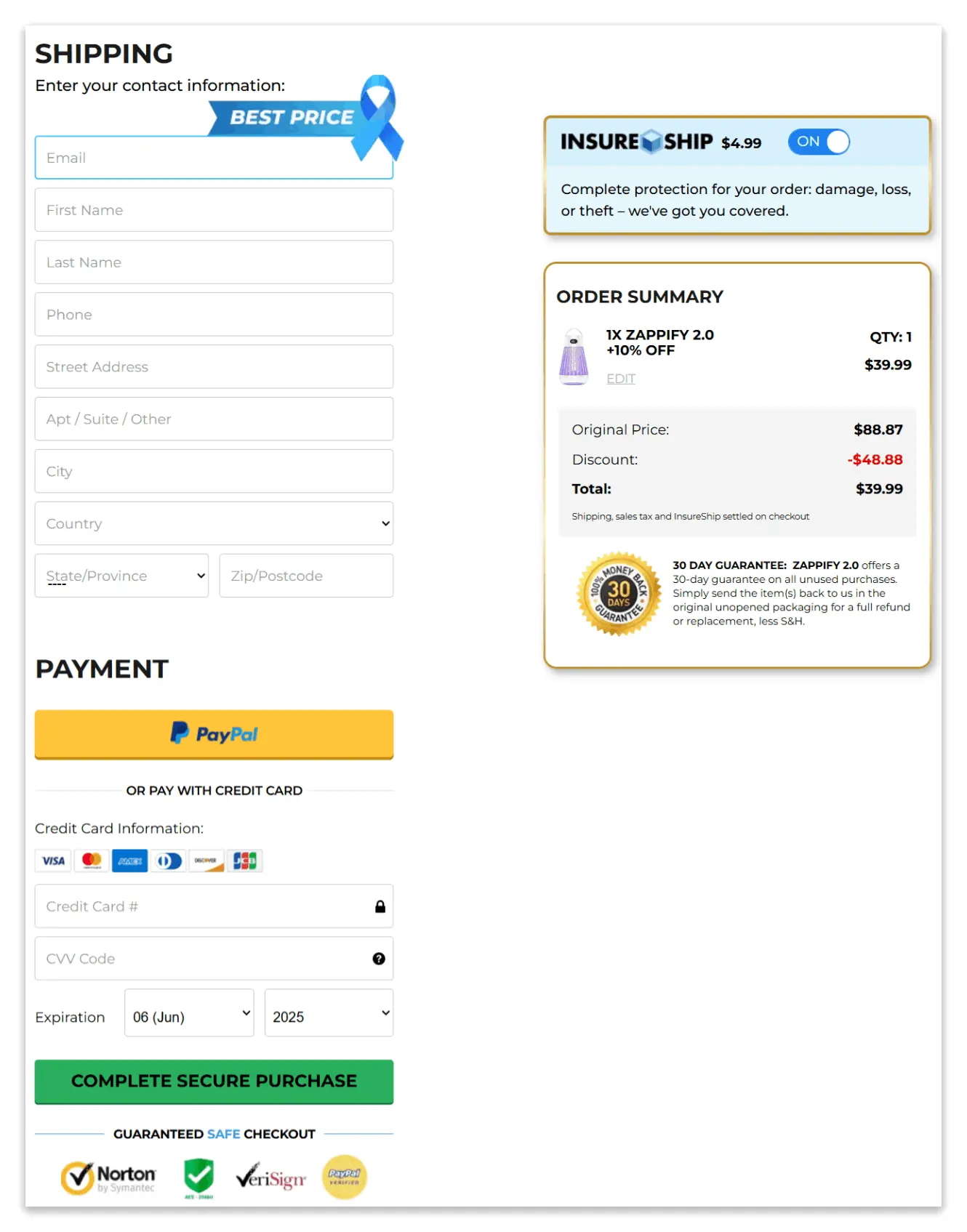 zappify 2.0 secure checkout page